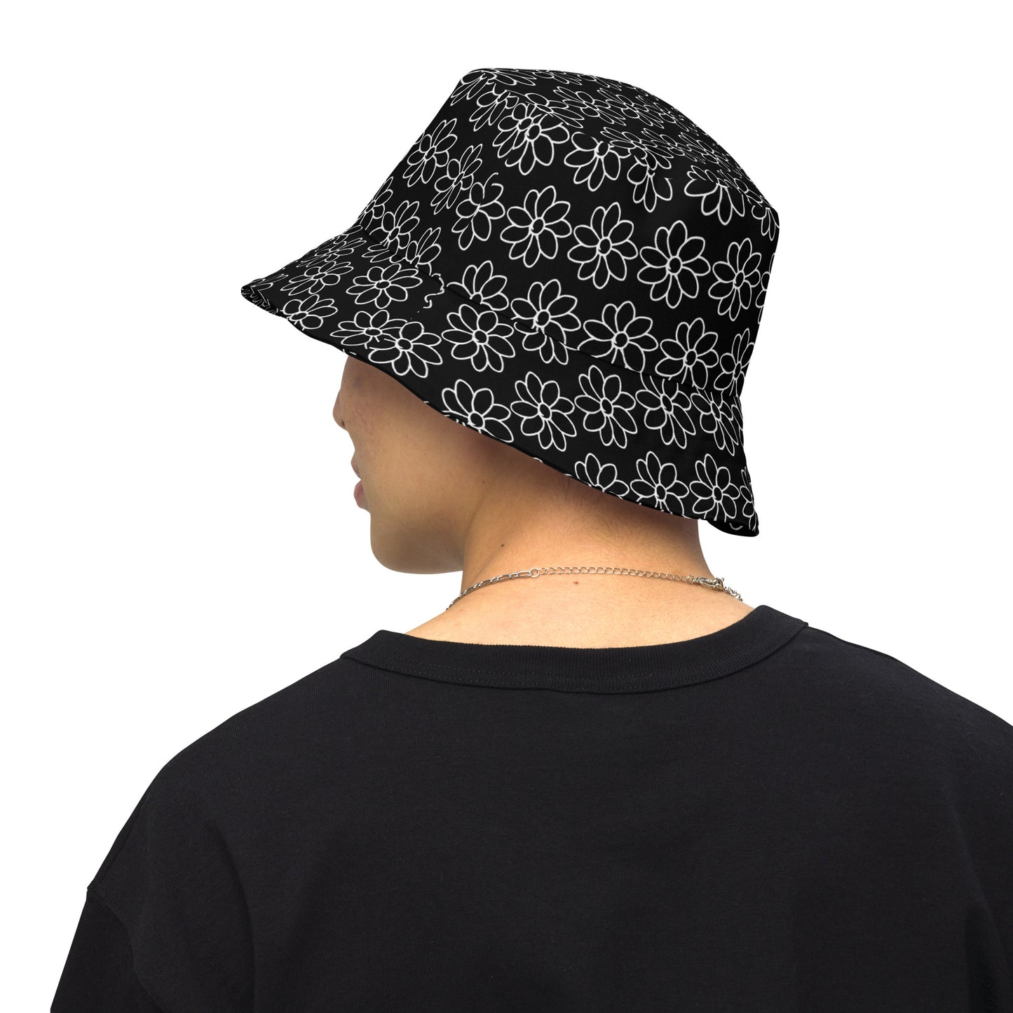 Reversible bucket hat white flower line tattoo