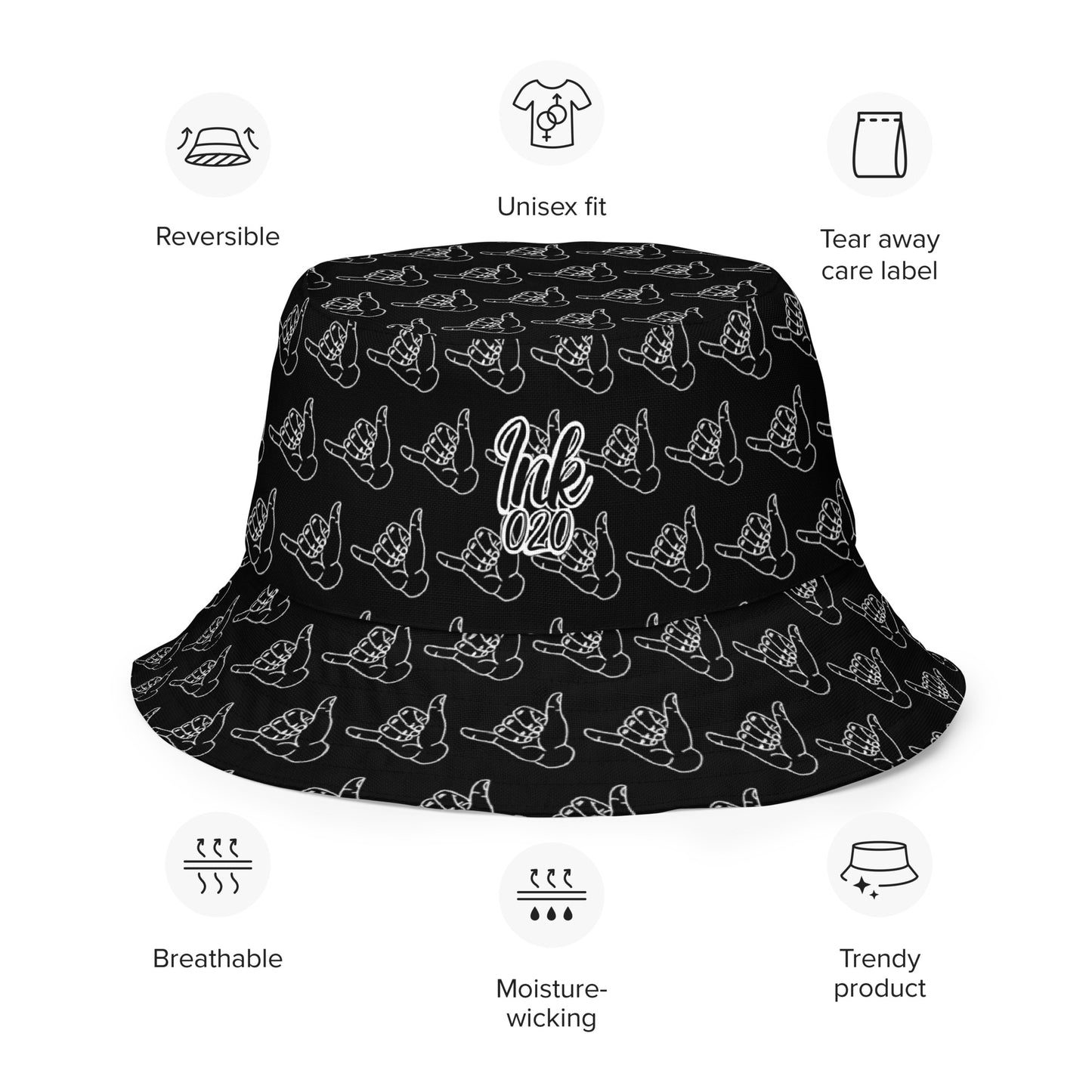 Reversible bucket hat white hang loss tattoo print