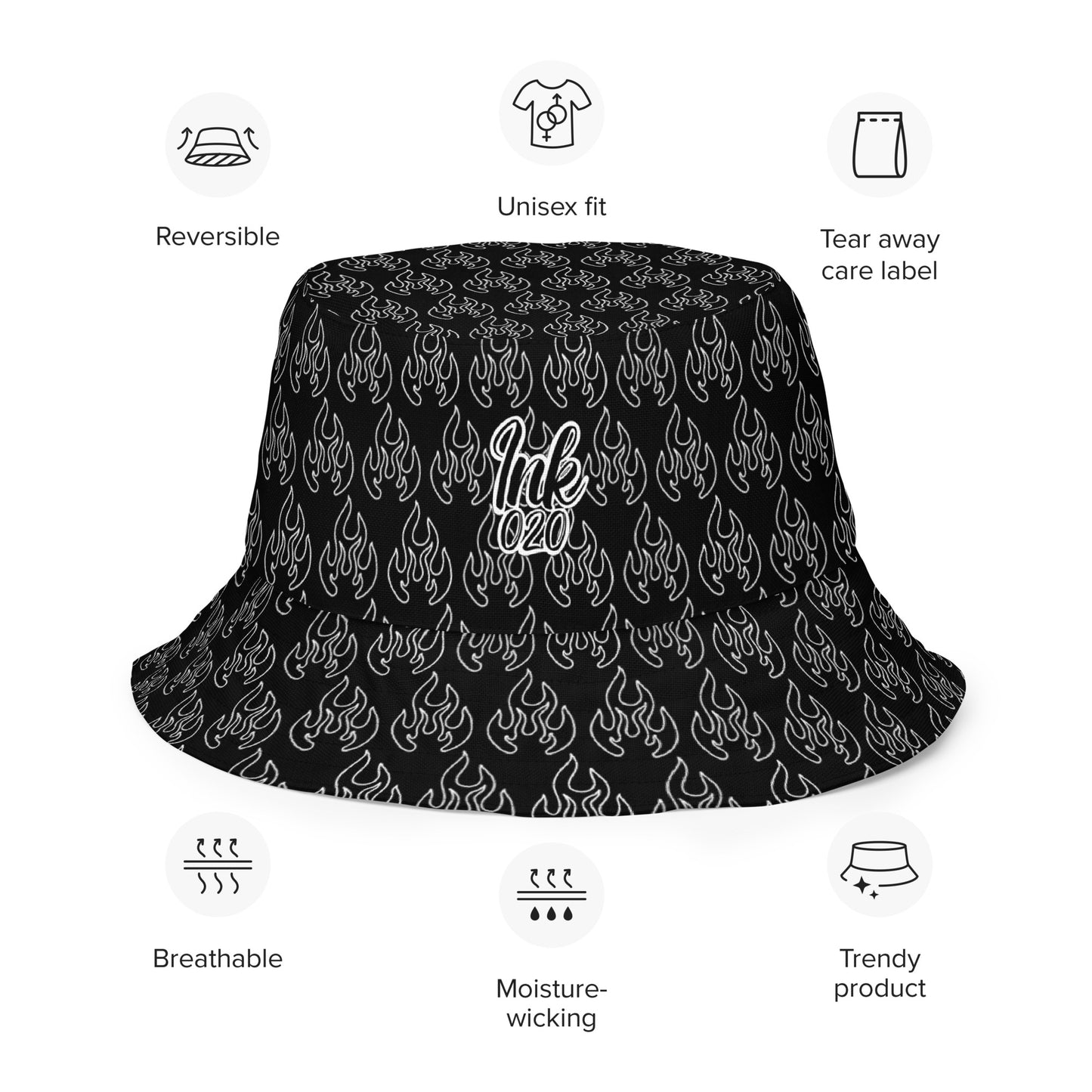 Reversible bucket hat black flame tattoo print