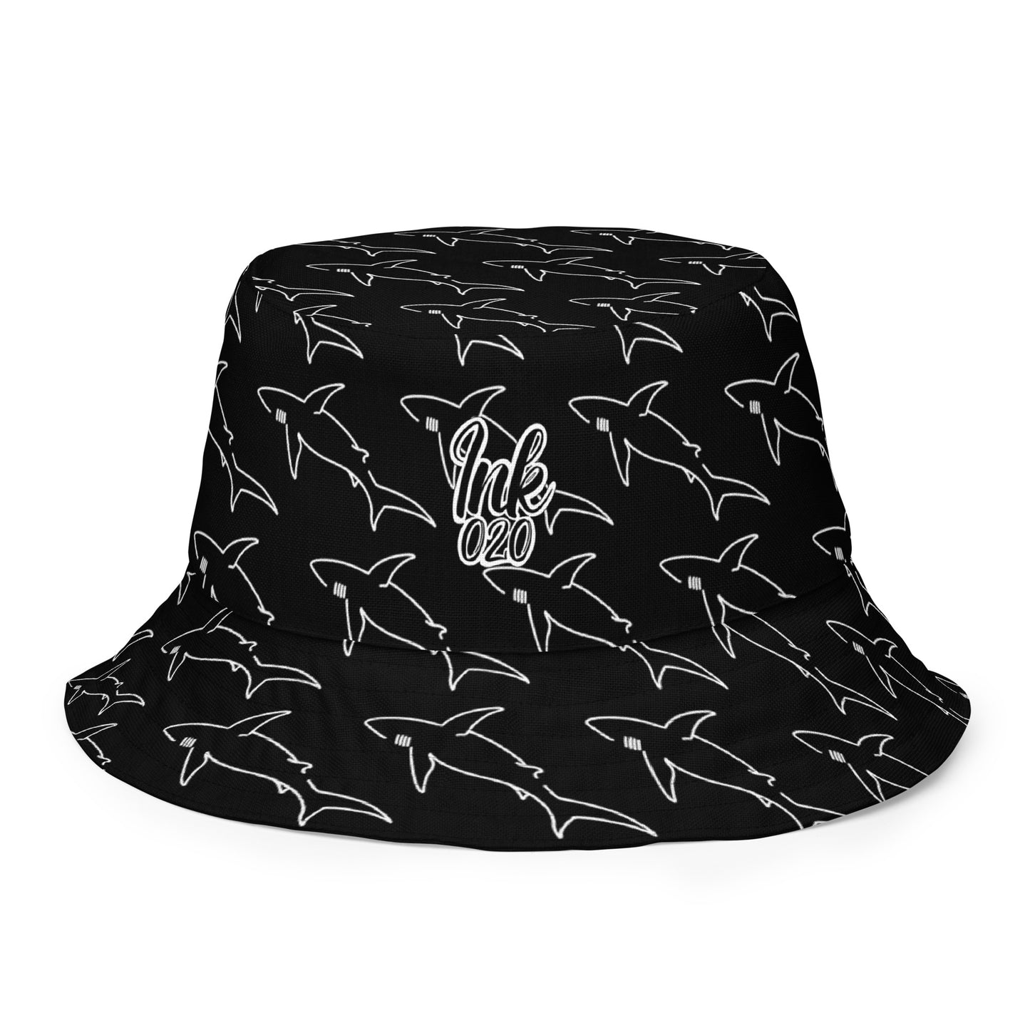Reversible bucket hat white shark tattoo print