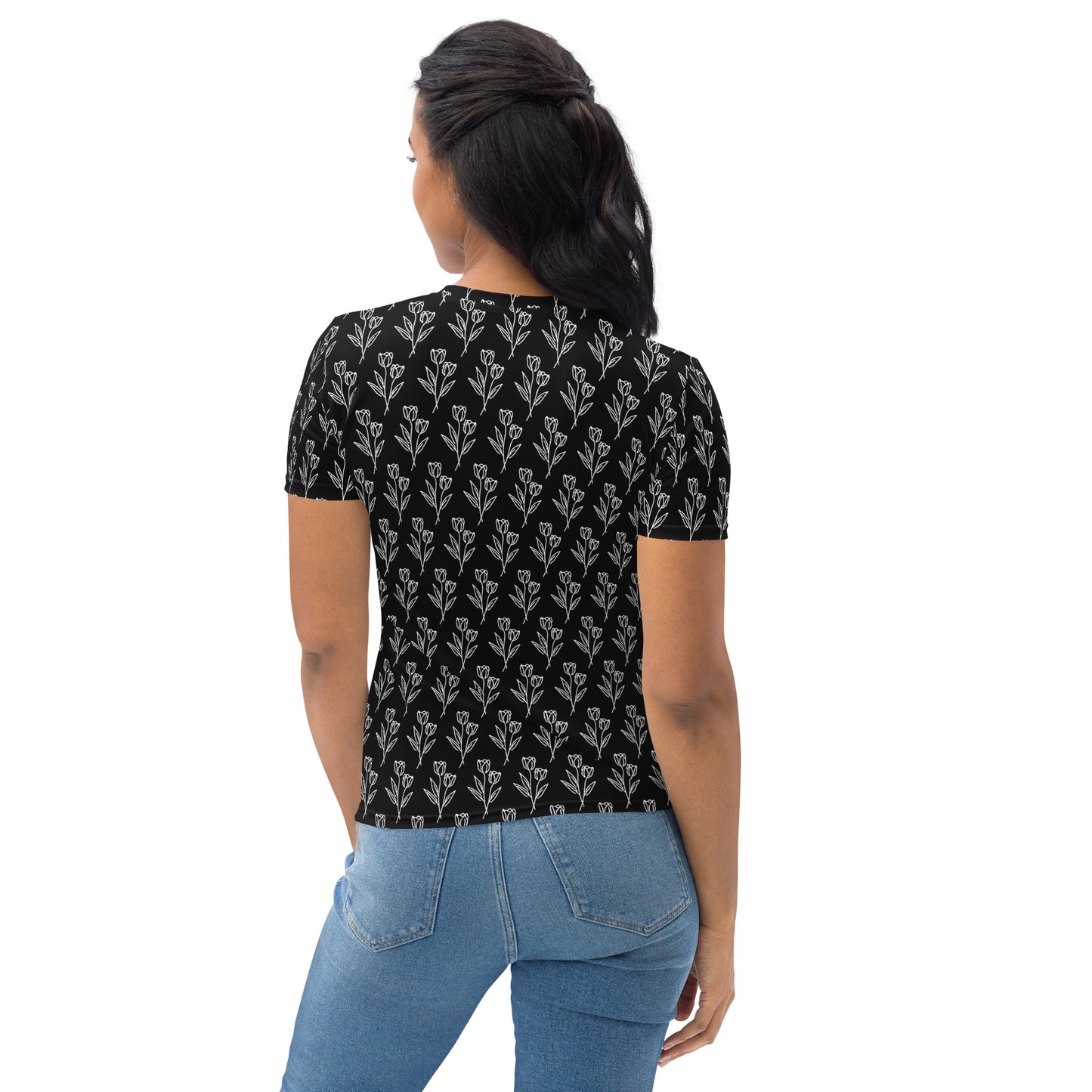 Women's T-shirt black tulip tattoo print